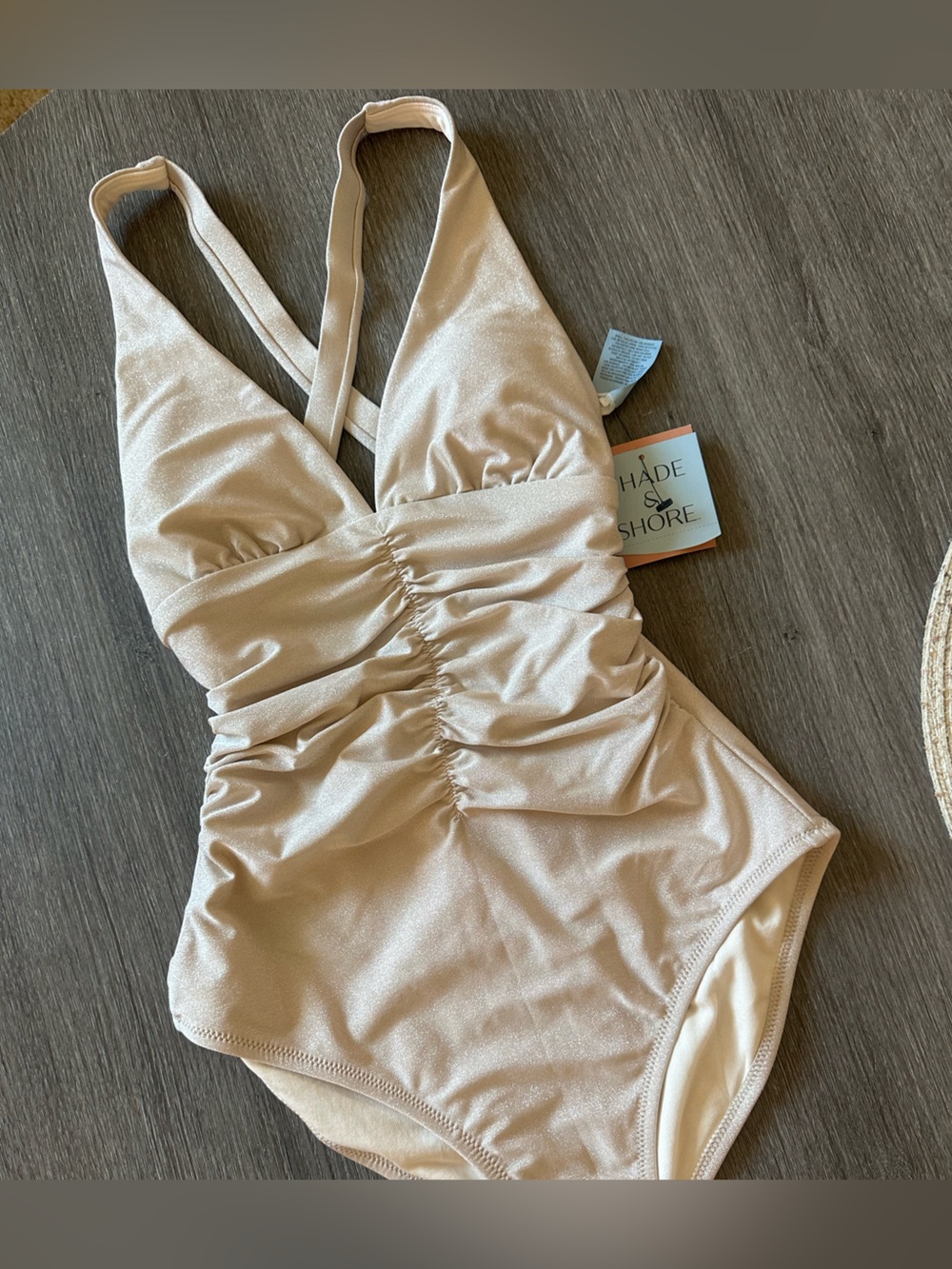 Shade & Shore Shimmer Champagne Halter One-Piece Swimsuit